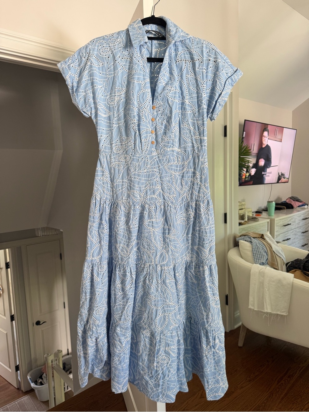Zara Pale Blue Eyelet Tiered Midi Dress - Picture 7 of 9